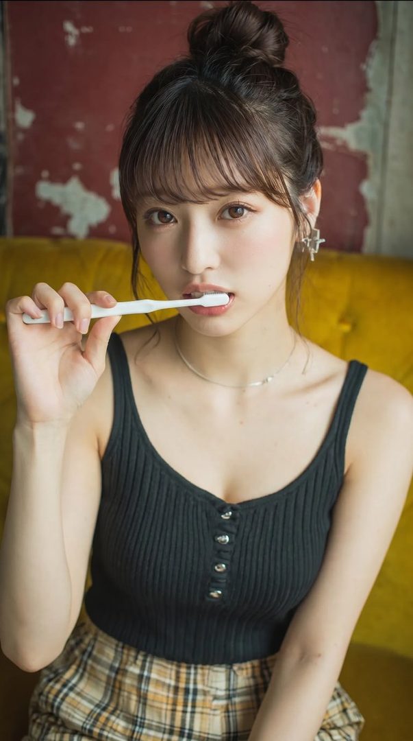 A young woman with brown hair in a bun and bangs, wearing a black tank top and plaid skirt, holds a toothbrush to her mouth indoors.