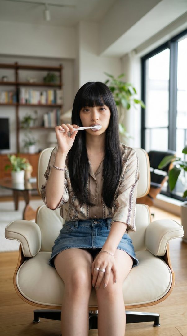 A young woman with long black hair and bangs, wearing a patterned shirt and denim skirt, sits in a modern chair indoors, holding a toothbrush with toothpaste in her mouth.