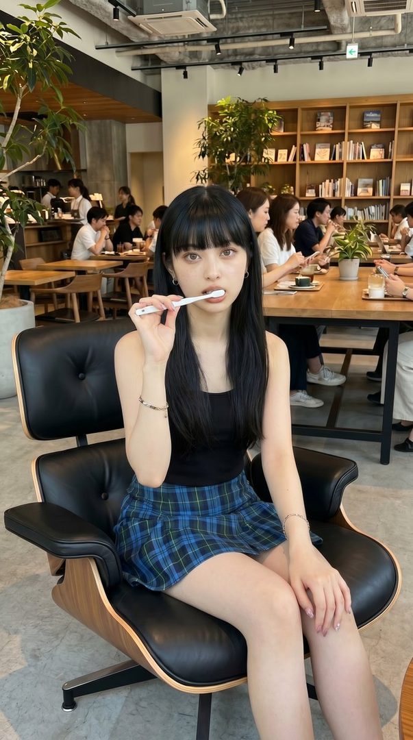 A young woman with long black hair and bangs, wearing a black tank top and a blue plaid skirt, sits in a black leather chair in a cafe, holding a toothbrush to her mouth.