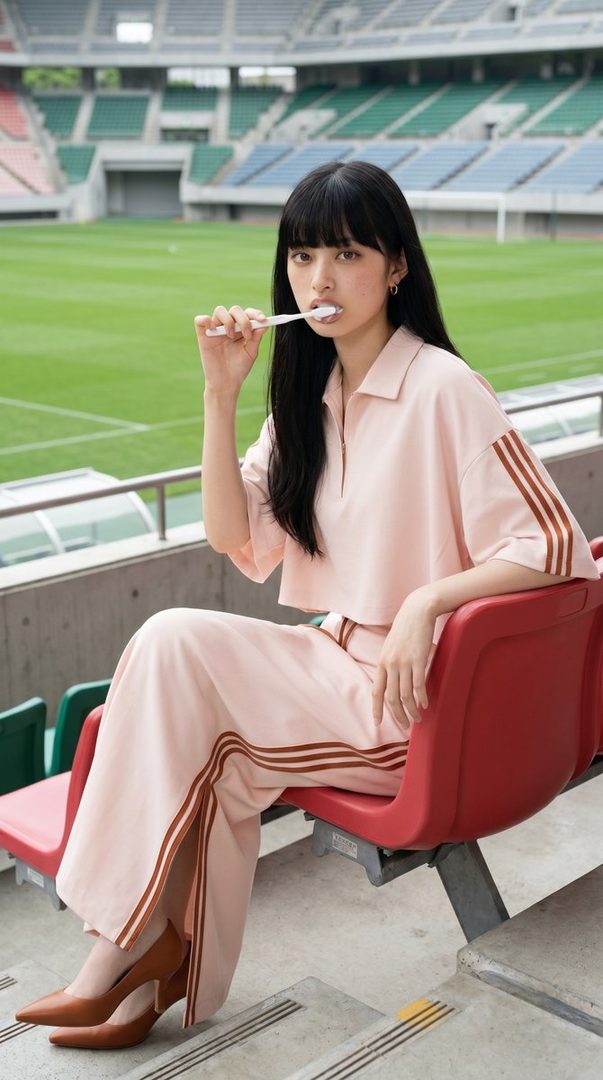 A young woman with long black hair and bangs, wearing a pink sportswear set and brown heels, sits in a stadium seat while holding a toothbrush to her mouth.