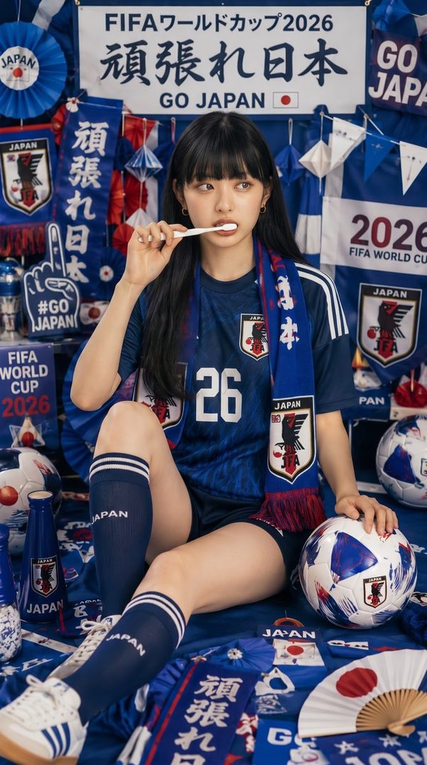 A young woman in a Japan national football team jersey and scarf, holding a toothbrush in her mouth, surrounded by FIFA World Cup 2026 decorations.
