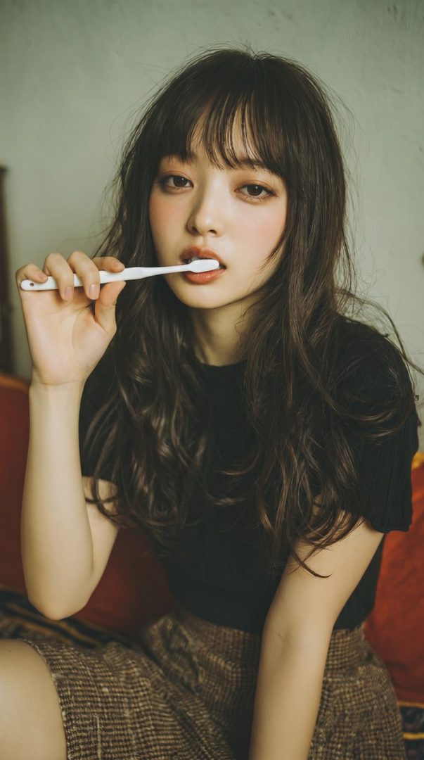 A young woman with long brown hair and bangs holds a toothbrush to her mouth, looking directly at the camera.
