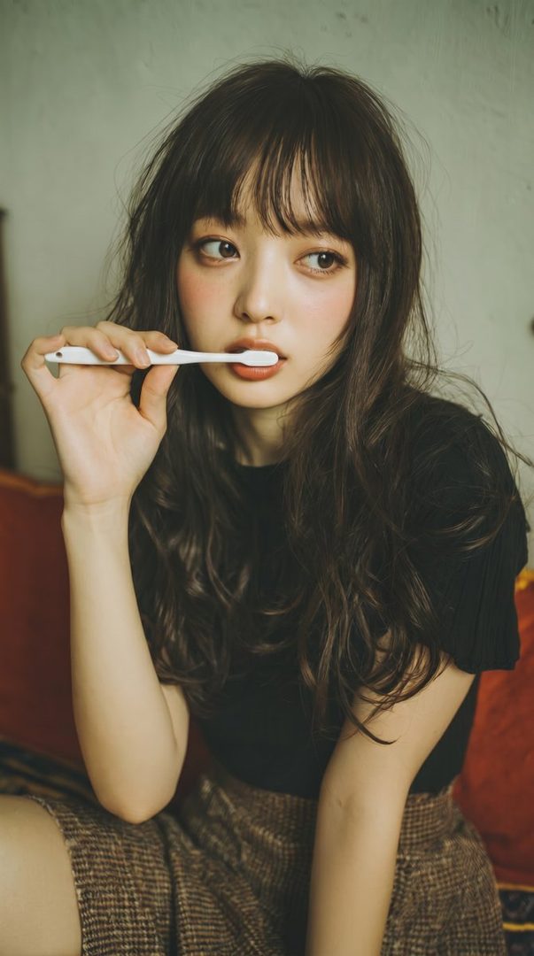 A young woman with long brown hair and bangs holds a toothbrush to her mouth, looking to the side with a soft expression.