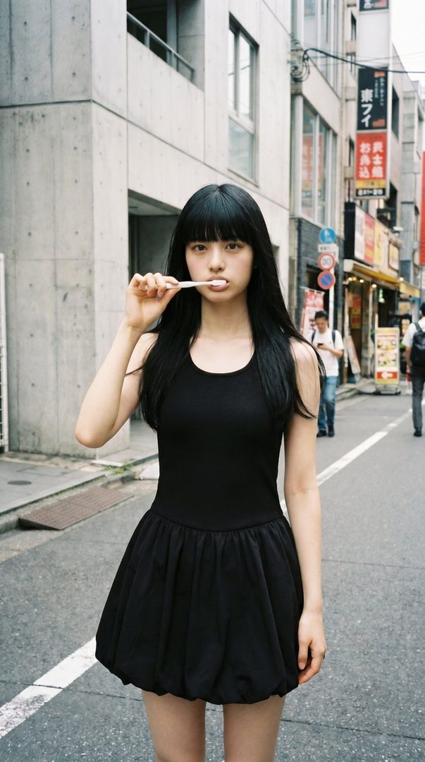 A young woman with long black hair and bangs, wearing a black dress, stands on a city street holding a toothbrush in her mouth.