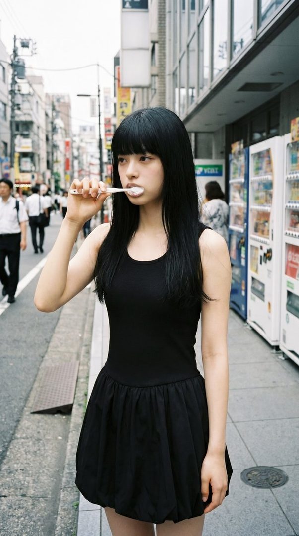 A young woman with long black hair and bangs, wearing a black dress, brushes her teeth on a city street in Japan.