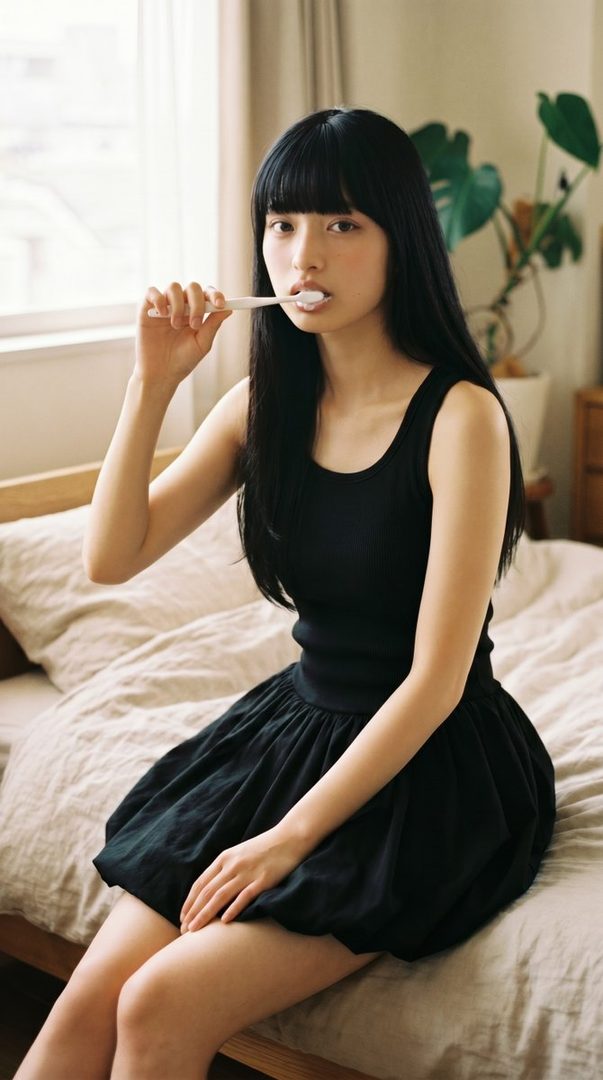 A young woman with long black hair and bangs, wearing a black tank top and skirt, sits on a bed and brushes her teeth.