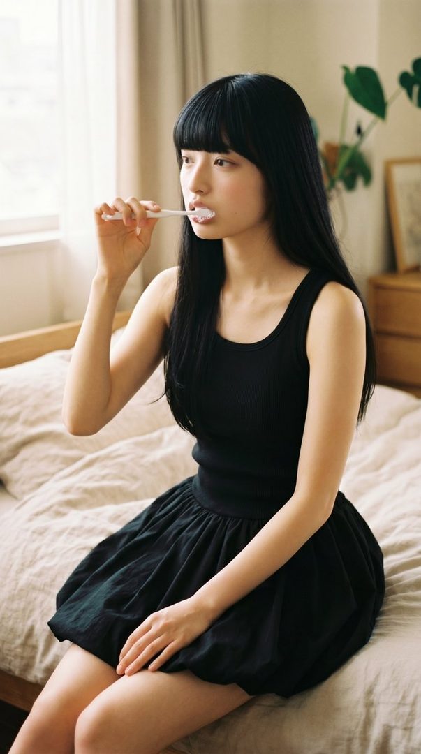 A young woman with long black hair and bangs, wearing a black tank top and skirt, brushes her teeth while sitting on a bed in a bright room.
