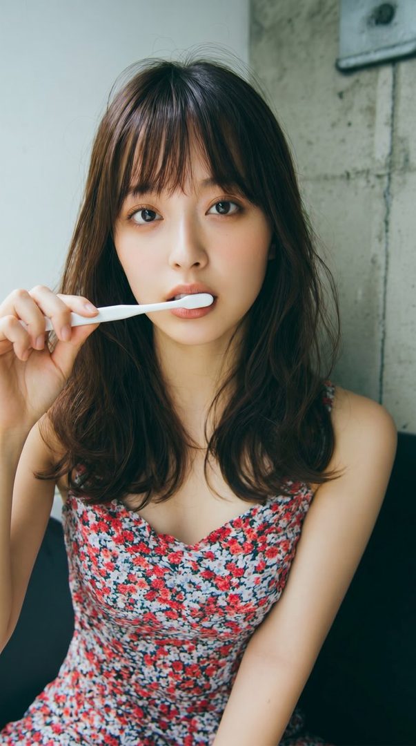 A young woman with long brown hair and bangs, wearing a floral dress, holds a toothbrush to her mouth.