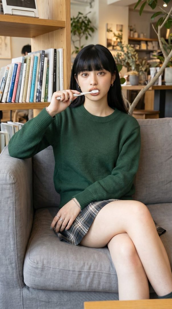 A young woman with long black hair and bangs, wearing a green sweater and plaid skirt, sits on a gray couch indoors, holding a toothbrush to her mouth.