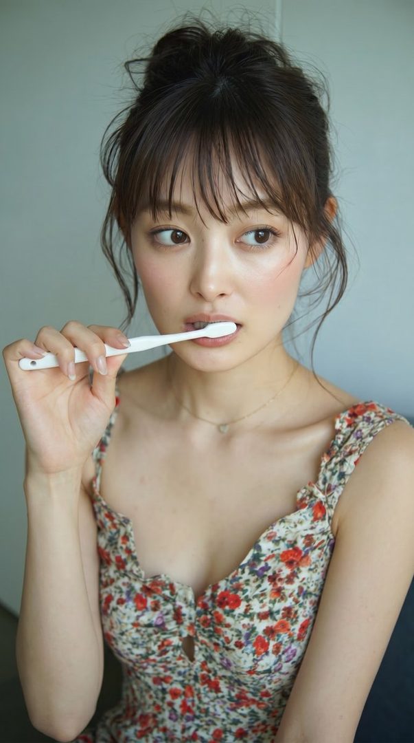 A young woman with brown hair in a messy bun and bangs, wearing a floral top, holds a toothbrush to her mouth, looking to the side.