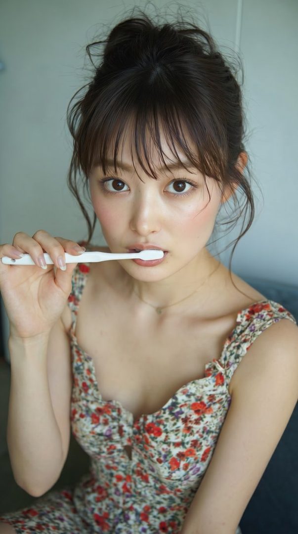 A photorealistic portrait of a young woman with brown hair and bangs, wearing a floral dress and holding a toothbrush to her mouth.