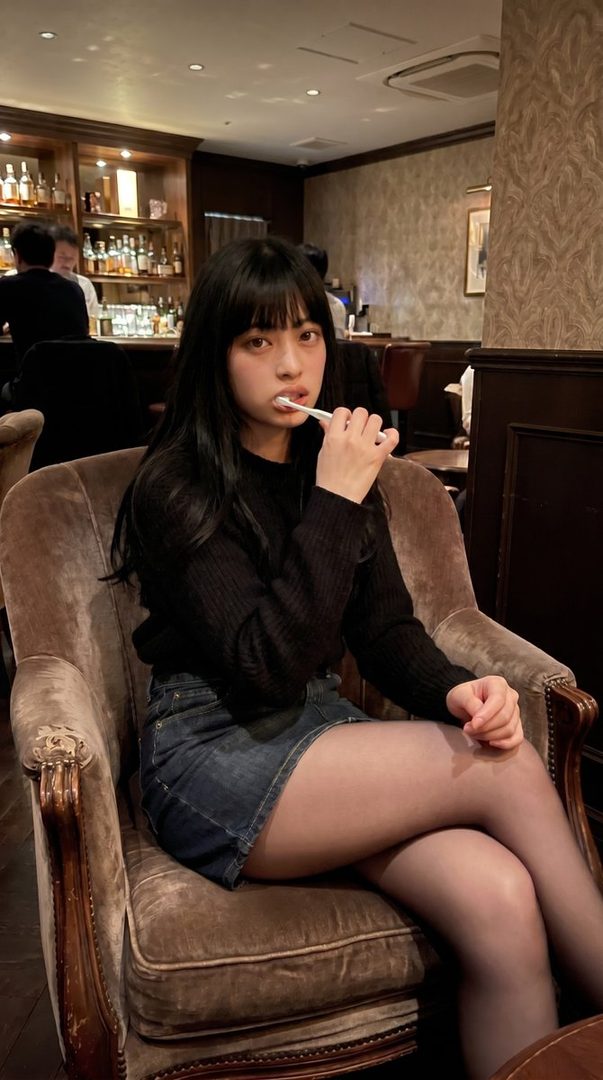 A young woman with black hair and bangs, wearing a black sweater and denim skirt, sits in a chair indoors, holding a toothbrush to her mouth.