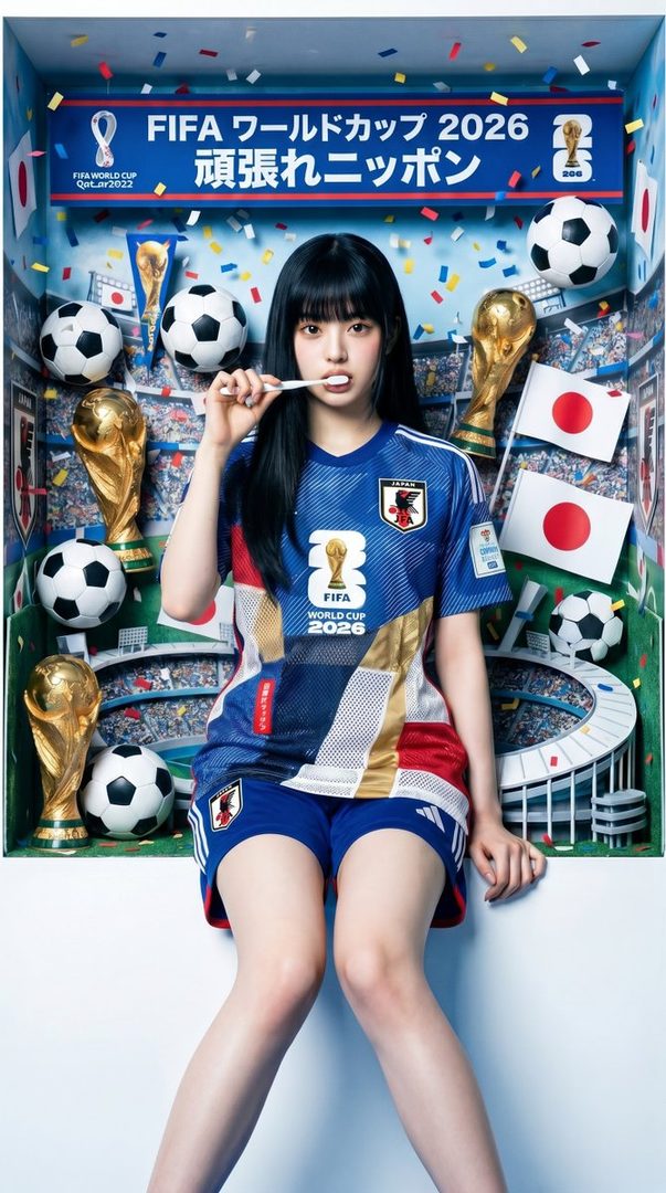 A young woman with black hair and bangs, wearing a Japan national football team jersey and blue shorts, holds a toothbrush in her mouth. She is surrounded by soccer balls, trophies, and Japanese flags, with a backdrop featuring a stadium and confetti, promoting the FIFA World Cup 2026.