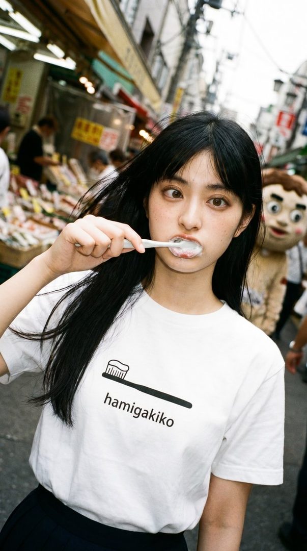 A young woman with long black hair and bangs, wearing a white t-shirt with a toothbrush graphic, brushes her teeth on a busy street.