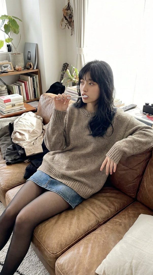 A young woman with black hair, wearing a brown sweater and denim skirt, sits on a leather couch brushing her teeth.