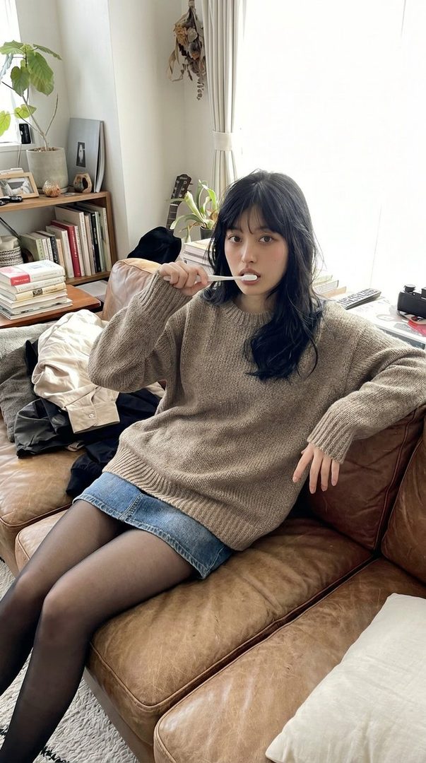 A young woman with black hair and bangs, wearing a brown sweater and denim skirt, sits on a brown leather couch while brushing her teeth.