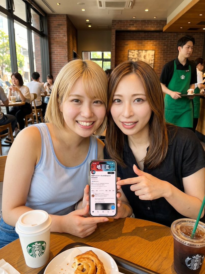 Two young women are smiling at the camera while sitting at a table in a cafe, one holding a smartphone.