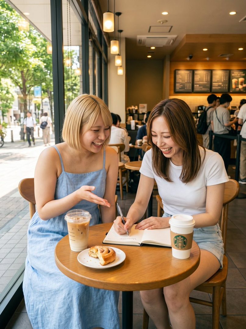 Two young Japanese women are laughing and talking at a cafe table, one writing in a notebook while the other gestures, with coffee and pastries on the table.