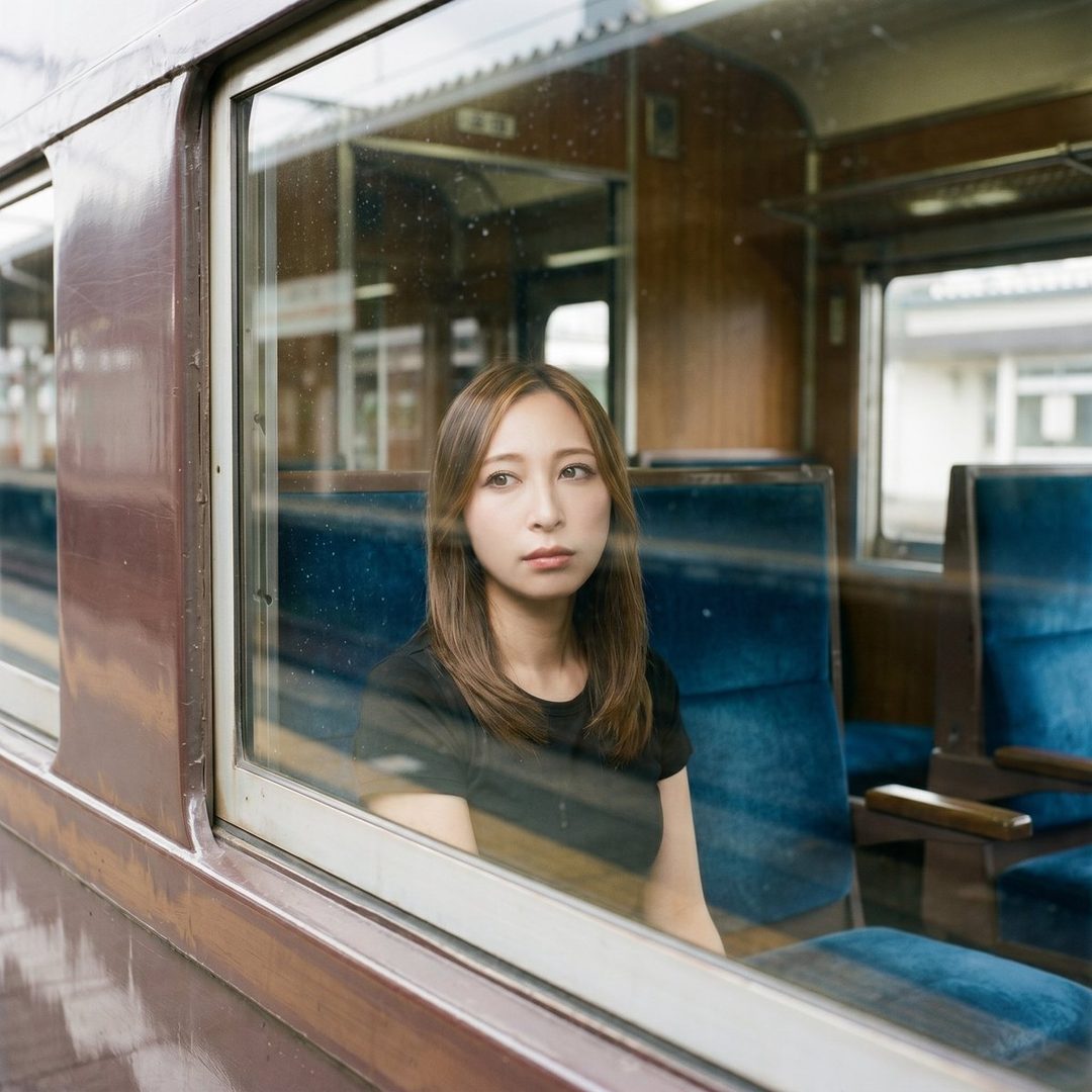 A young woman with long brown hair sits inside a train, looking out the window with a serene expression.