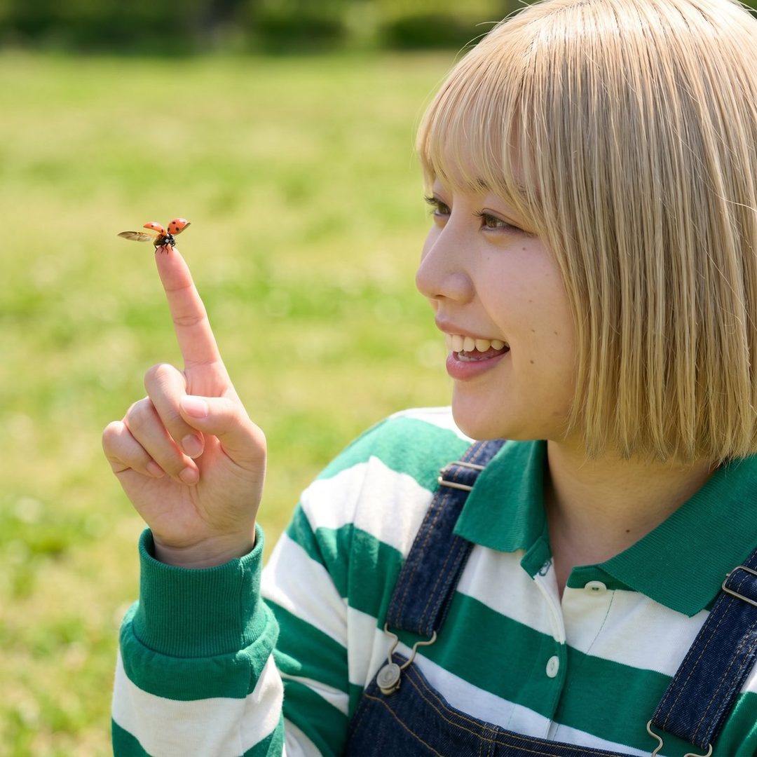 A young woman with blonde bob hair and bangs, wearing a green and white striped shirt with denim overalls, smiles while a ladybug rests on her finger in a sunny outdoor setting.