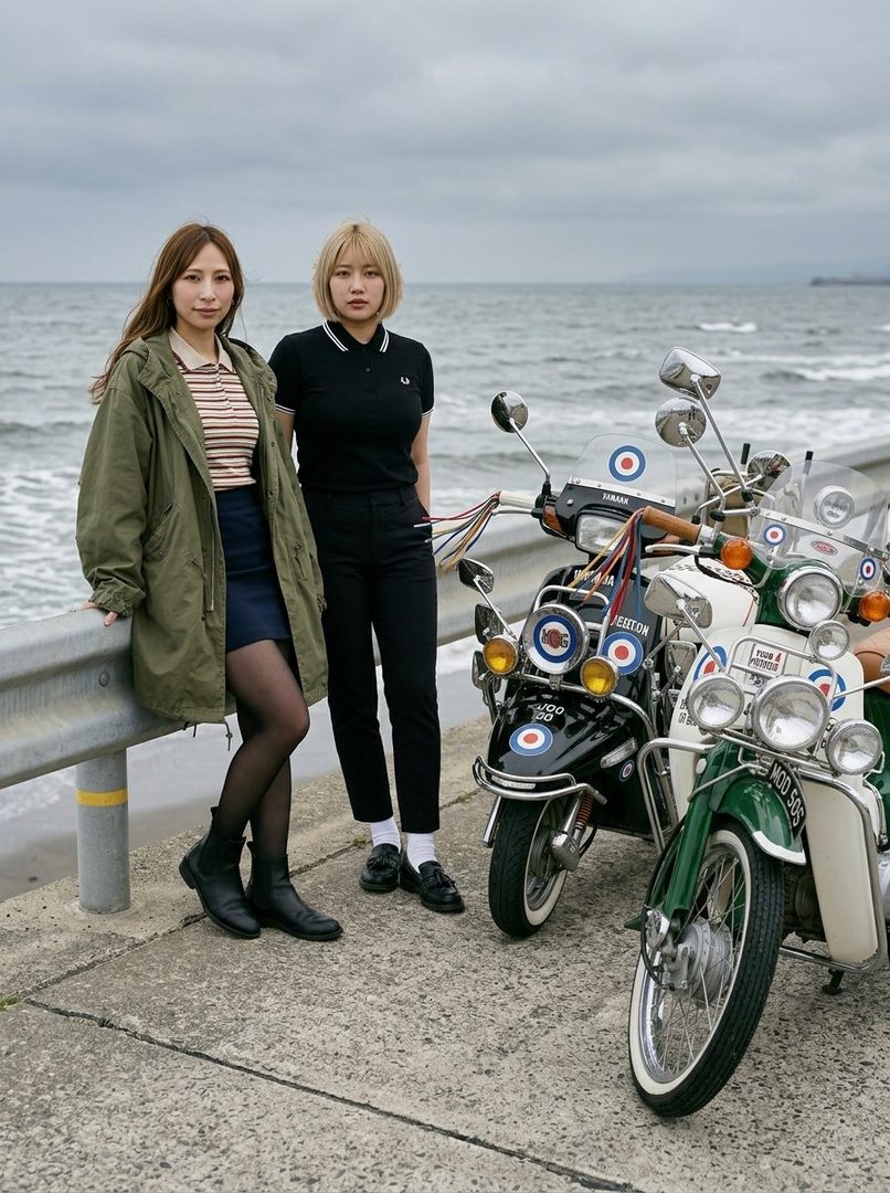 Two women stand next to two vintage scooters by the sea on an overcast day, one wearing a green coat and skirt, the other in a black polo shirt and pants.