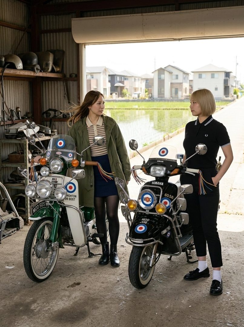 Two young women stand with their scooters in a garage, with a rural landscape visible outside.