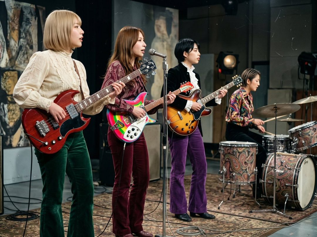 Four women in a band are playing instruments in a studio, dressed in retro-style clothing.