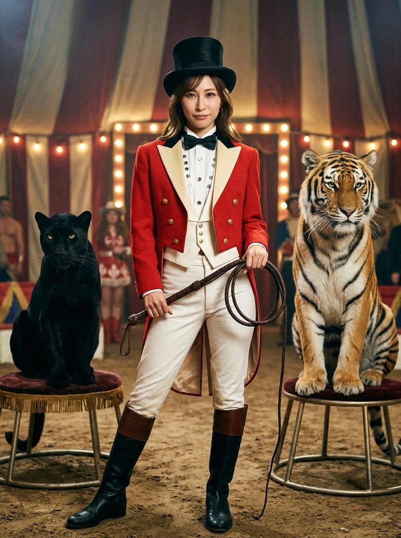 A woman dressed as a ringmaster stands between a black panther and a tiger in a circus tent.