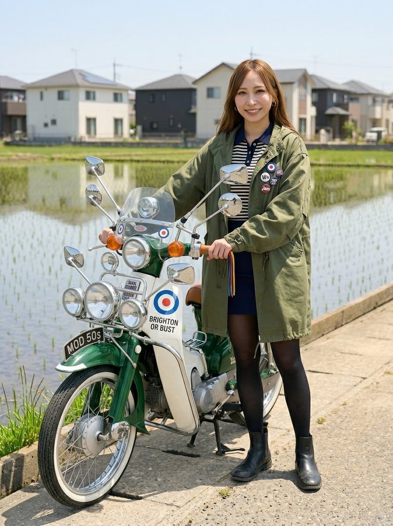 A young woman with long brown hair, wearing a green coat and black tights, stands next to a vintage green and white scooter in a rural outdoor setting with rice paddies and houses in the background.