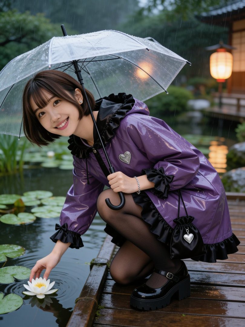 A young woman in a purple raincoat kneels by a pond with water lilies, holding a clear umbrella in the rain.