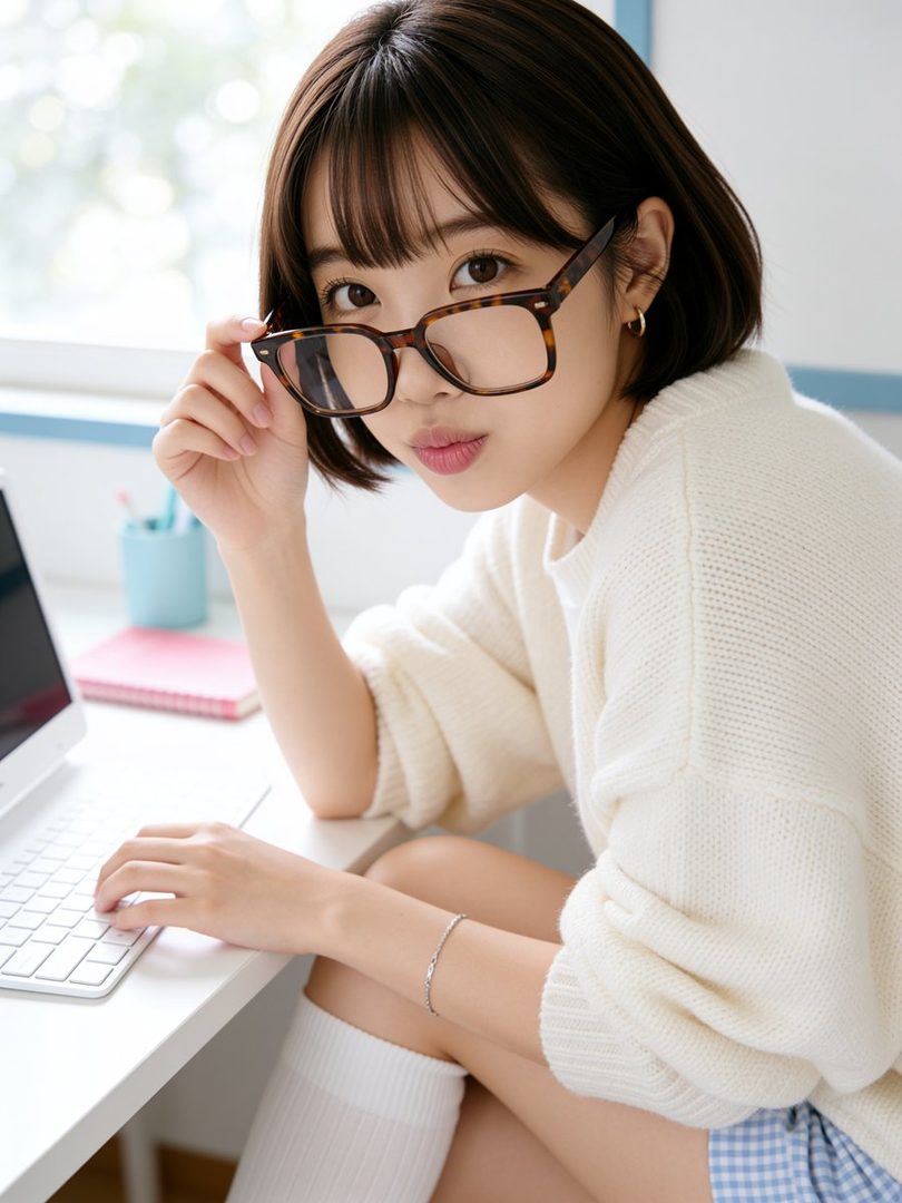 A cute young woman with short brown hair and glasses looks at the camera while sitting at a desk with a laptop.