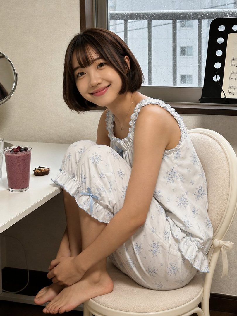A young woman with short brown hair and bangs, wearing light blue floral pajamas, sits on a chair indoors and smiles at the camera.