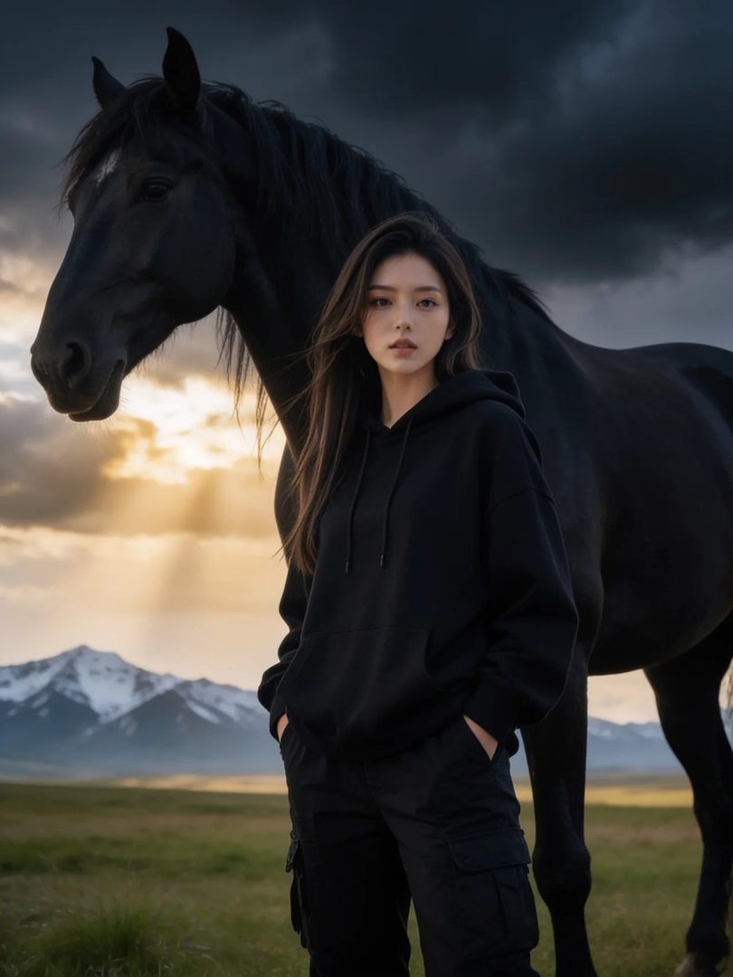A woman with long brown hair wearing a black hoodie and cargo pants stands next to a black horse in a field with mountains in the background during golden hour.