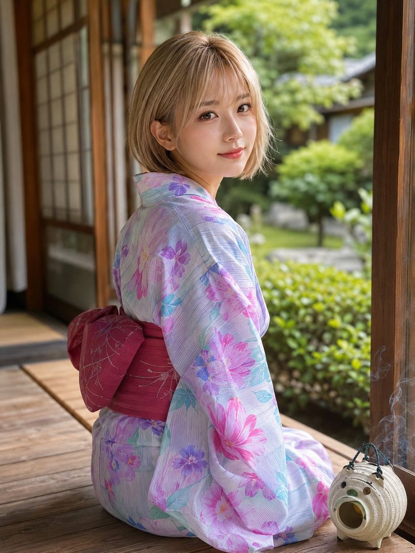 A young woman with blonde short hair wearing a floral yukata sits on a wooden porch, looking back at the camera with a gentle smile.