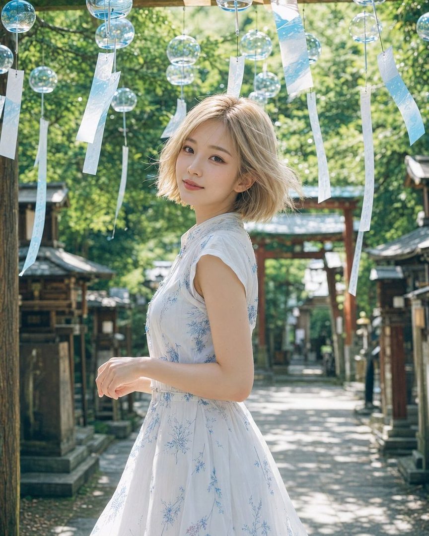 A young woman with short blonde hair and a white dress stands outdoors among hanging wind chimes and traditional Japanese structures.
