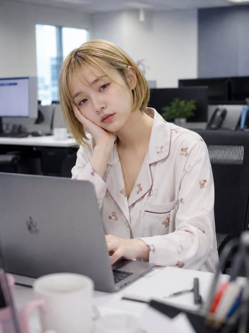A young woman with blonde short hair and bangs, wearing a light-colored pajama-style top, sits at an office desk with a laptop, looking tiredly at the camera.