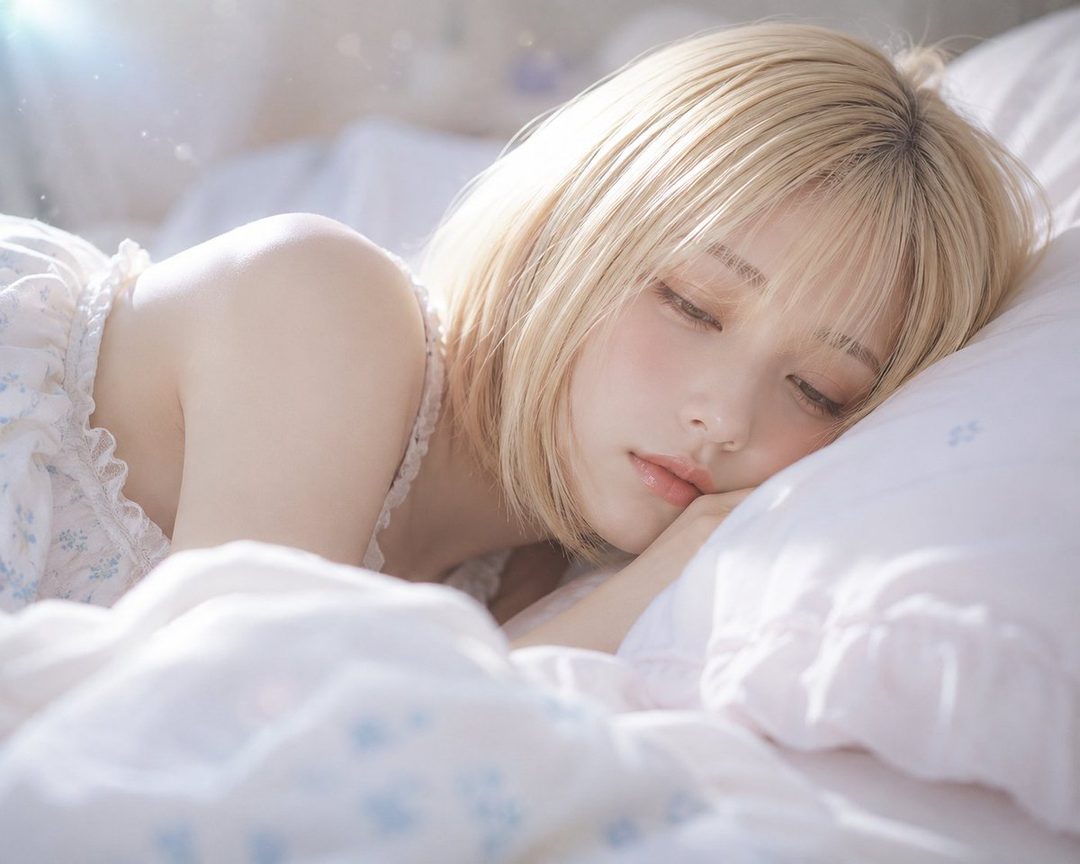 A photorealistic portrait of a blonde woman with short hair and bangs, sleeping peacefully on a white pillow in a bright indoor setting.