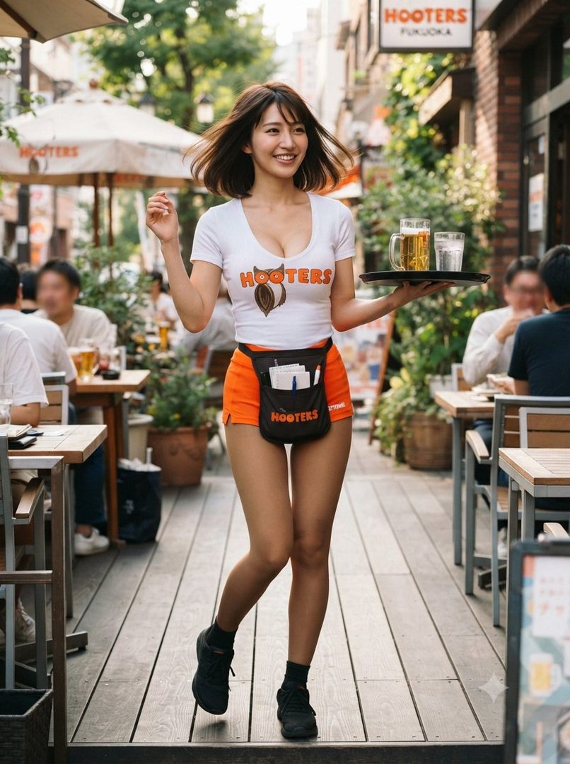 A smiling woman in a Hooters uniform carries a tray with drinks on an outdoor patio.