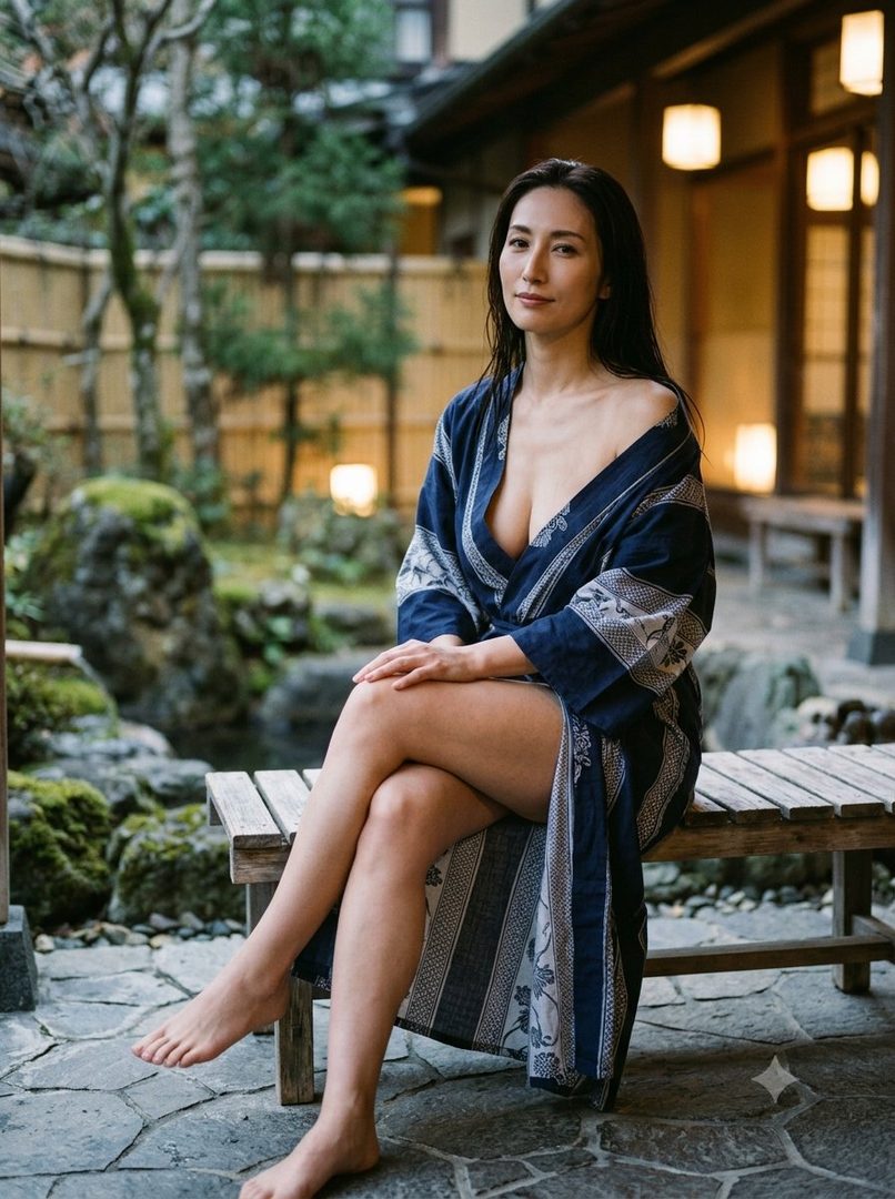 A Japanese woman with long black hair sits outdoors in a traditional yukata, looking at the camera.