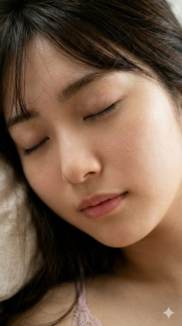 A close-up portrait of a young woman with dark hair, sleeping peacefully with her eyes closed, wearing a light pink lace camisole.