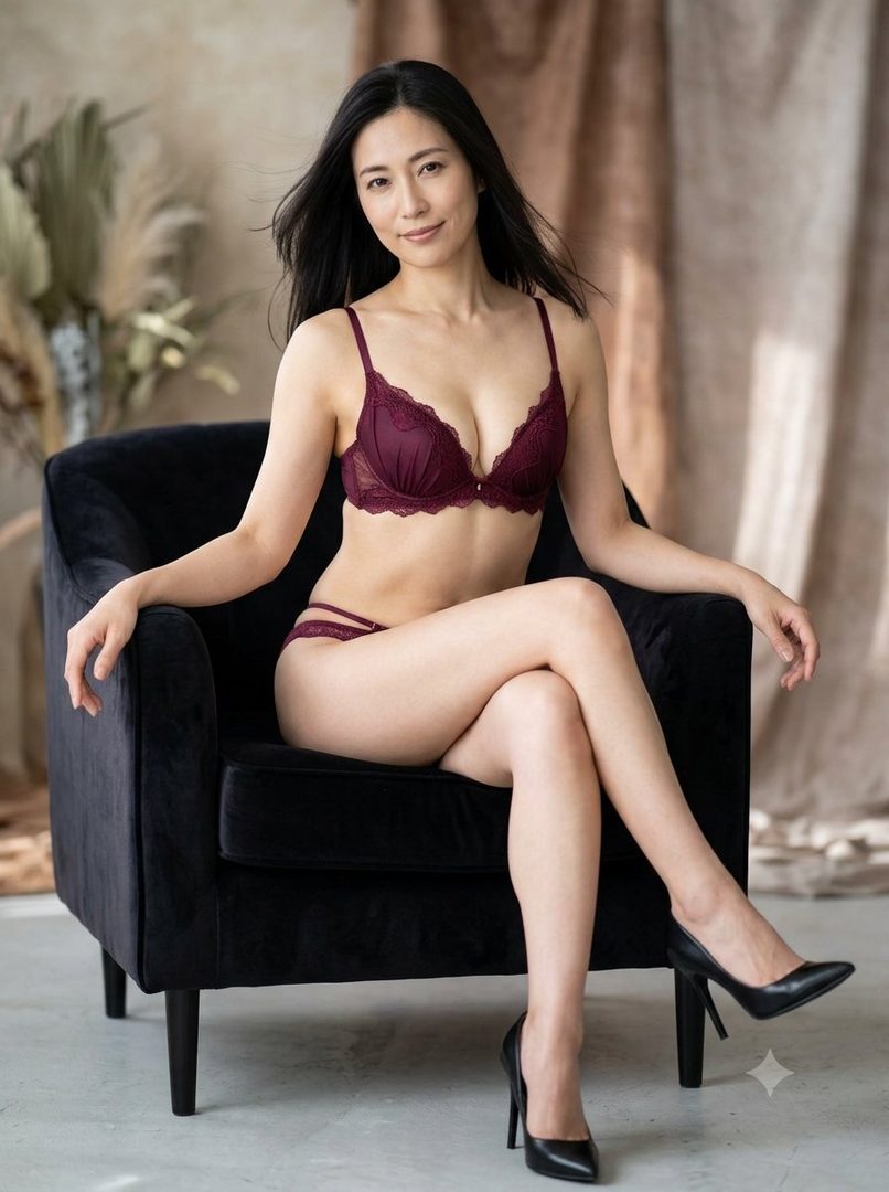 A Japanese woman with long black hair sits in a black armchair, wearing a maroon lace bra and matching underwear, looking at the camera.