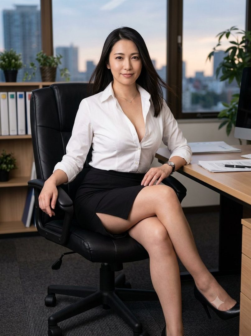 A beautiful East Asian woman in a white blouse and black skirt sits in an office chair, looking directly at the camera with a slight smile.
