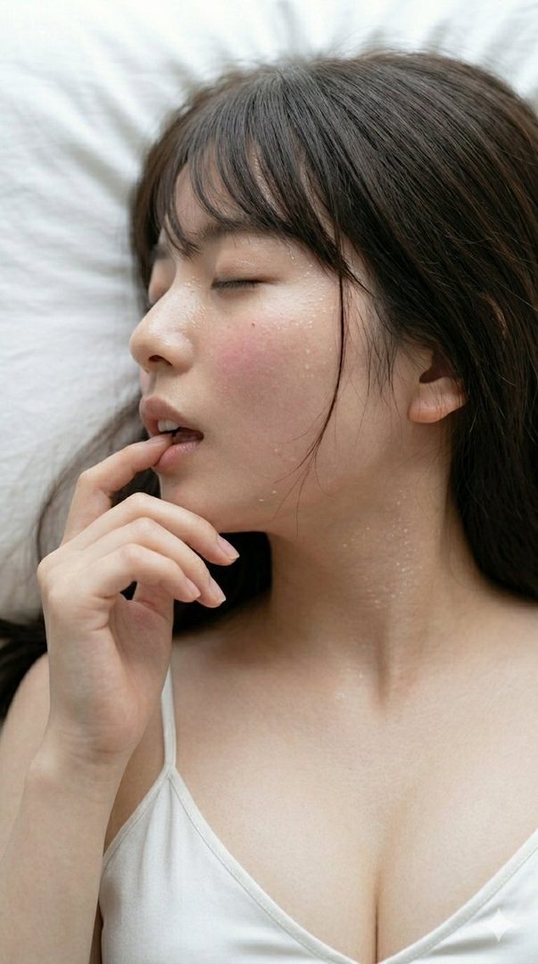A woman with dark hair and bangs lies down, eyes closed, with sweat on her face and neck, wearing a white tank top and her finger near her lips.