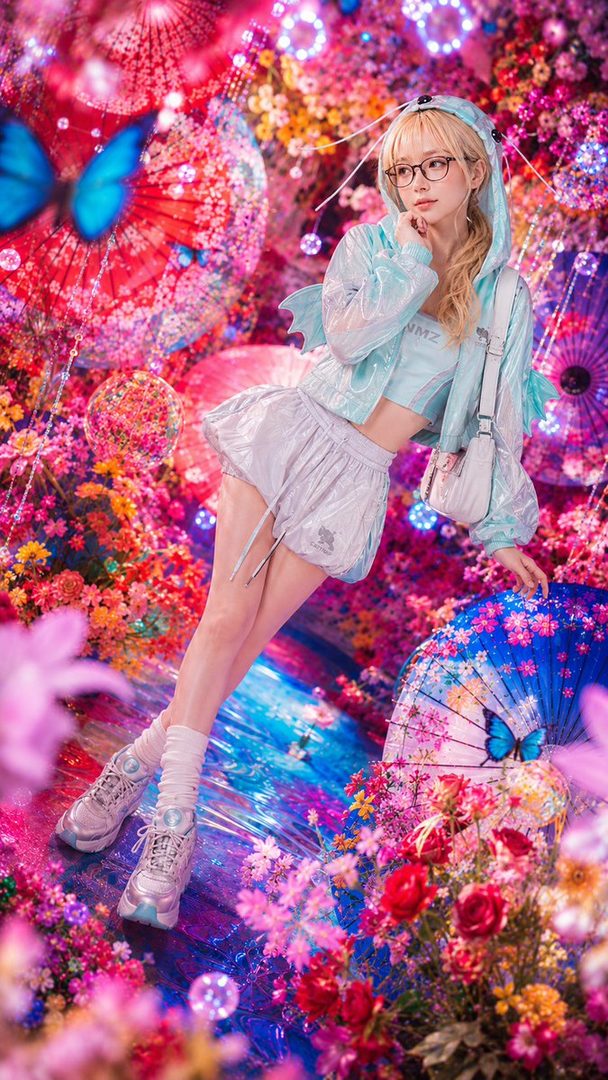 A blonde woman in glasses and a light blue outfit stands in a vibrant, flower-filled setting with glowing lights and butterflies.