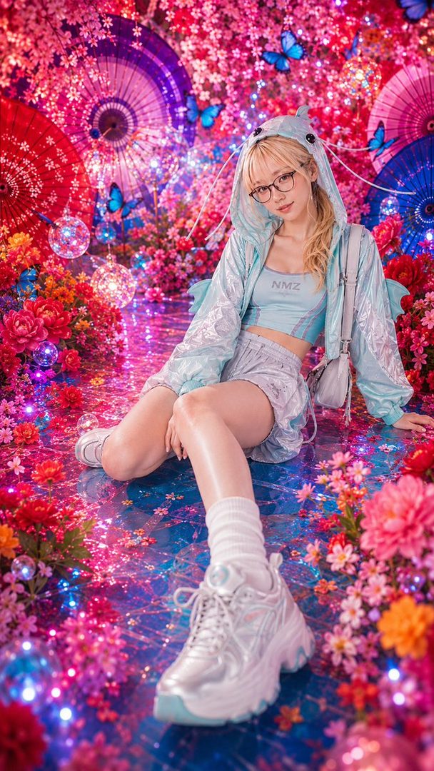 A young woman with blonde hair and glasses sits on a reflective floor surrounded by vibrant pink and red flowers, blue butterflies, and decorative umbrellas.