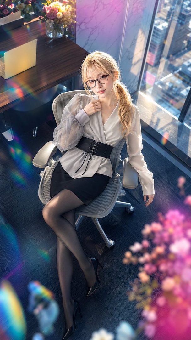 A blonde woman wearing glasses, a white blouse, and a black skirt sits in an office chair by a window overlooking a city.
