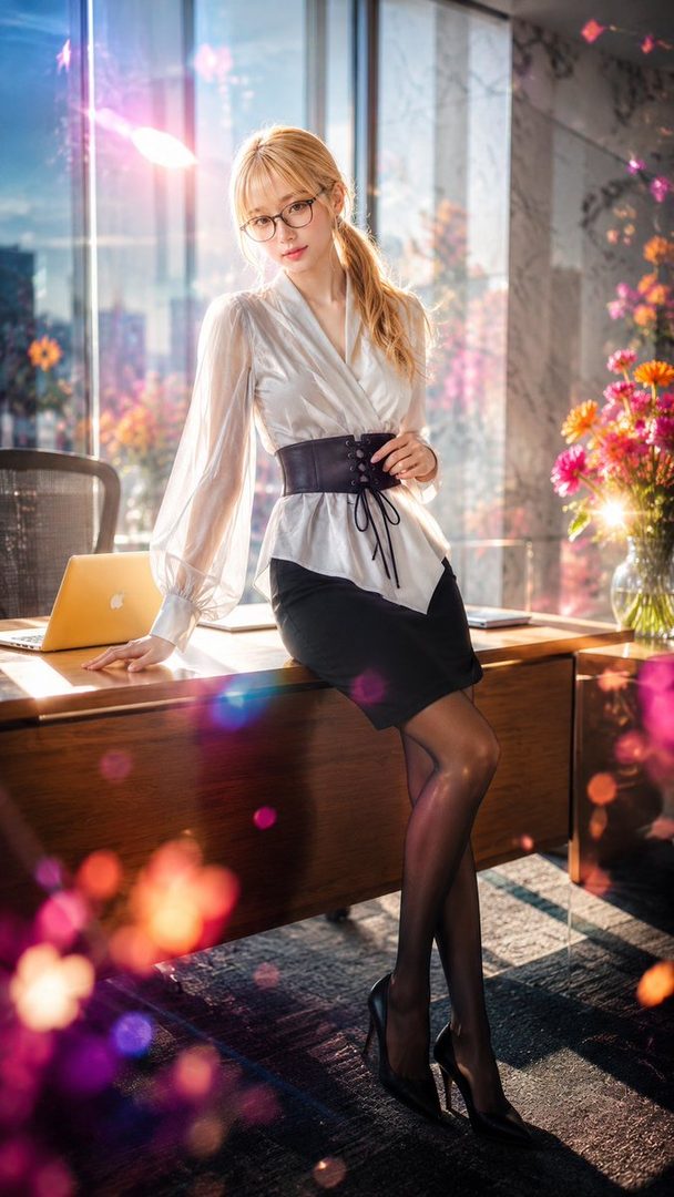 A blonde woman in a white blouse and black skirt with a corset belt poses in an office with a city view.