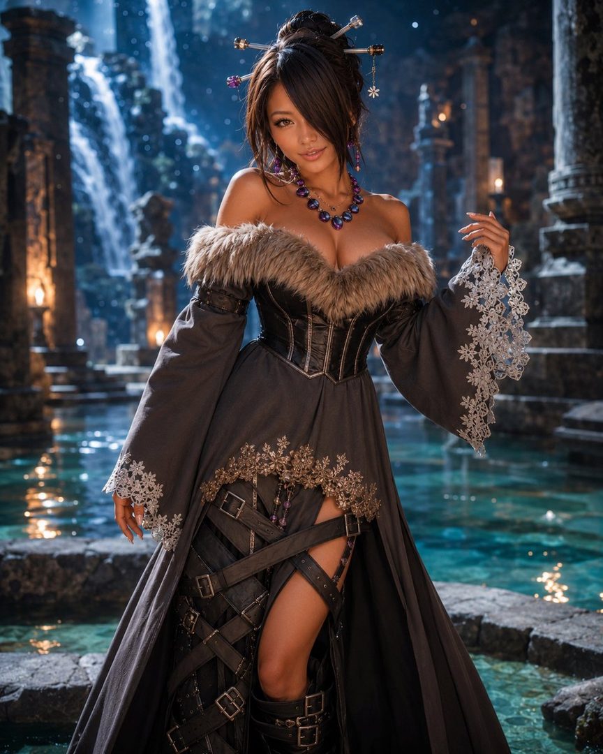 A woman in a fantasy-style dress with fur trim and intricate details poses in a mystical outdoor setting with a waterfall and glowing water.