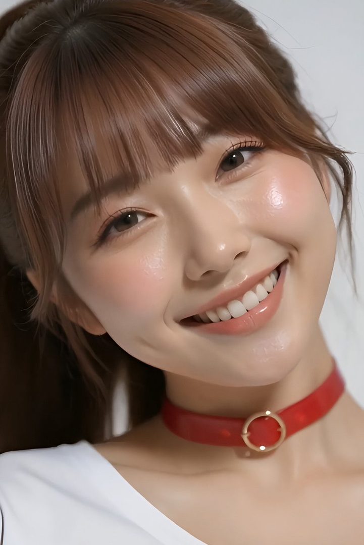 A close-up portrait of a smiling young woman with brown hair and bangs, wearing a red choker.