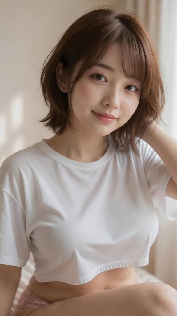 A cute Japanese woman with short brown hair smiles softly while wearing a white crop top indoors.